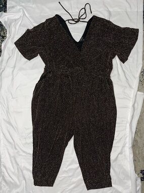 Shimmer Black & Gold Short-Sleeve V-Neck Jumpsuit